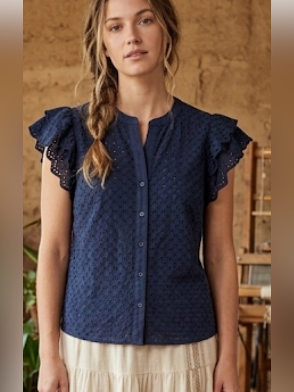 Ultra Pink Eyelet Ruffle Sleeve Blouse – Navy Blue – XL